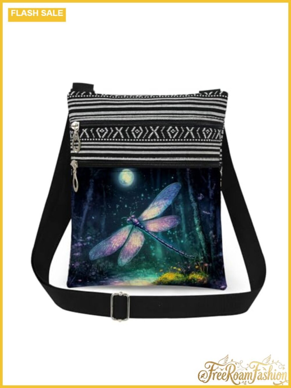 Polyester Dragonfly Crossbody Bag Adjustable Strap Double Zipper Purse